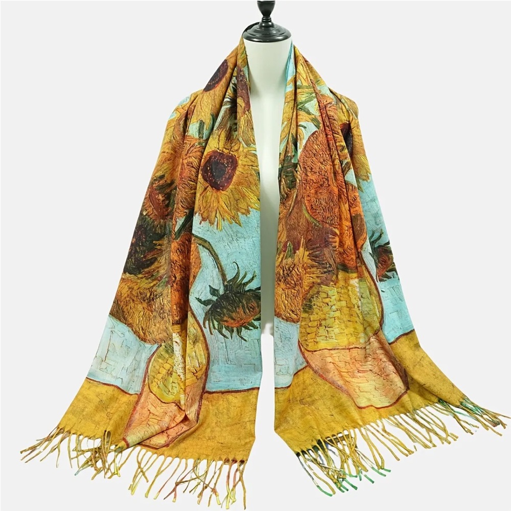 Van Gogh Sunflowers Painting Double Sided Fringed Scarf (Faux Cashmere)
